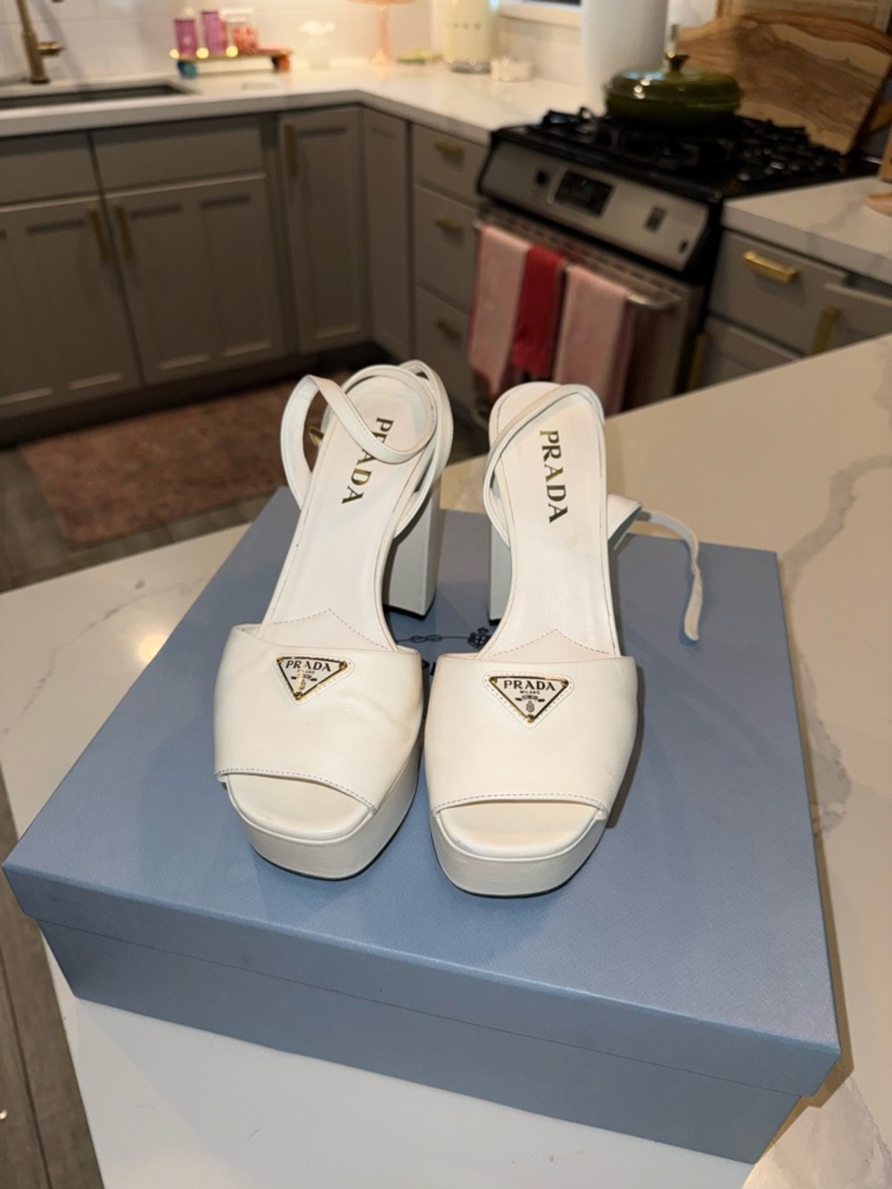 Prada White Leather Platform Block Heel Sandals with Gold Logo